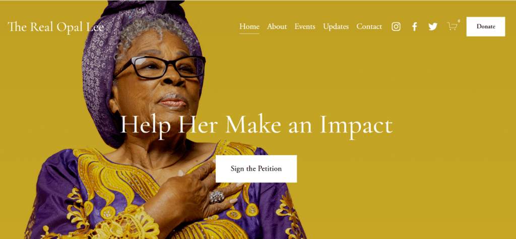 Screenshot of the homepage of https://www.opalswalk2dc.com/ This screenshot shows Mrs. Opal Lee, a 95 year old activist.